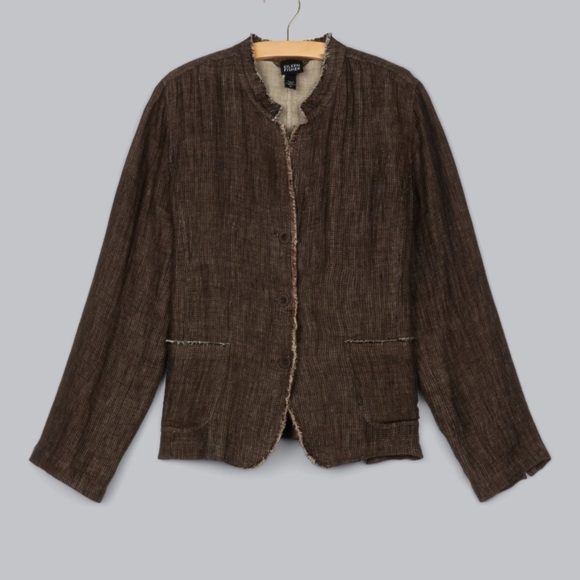 Vintage Eileen Fisher Dark Brown Frayed Blazer/Jacket Size XL 100% Irish Linen - Picture 1 of 9